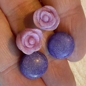 Handmade Pink Rose and Purple Glitter Stud Earrings - Women Jewelry